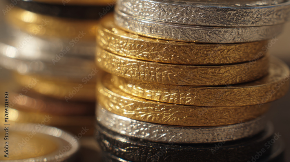 Poster stacked coins in various colors, including gold, silver, and bronze, create visually appealing arran