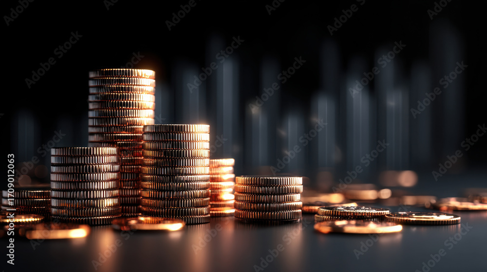 Poster stacks of shiny coins are arranged in visually striking manner, reflecting light against dark backgr