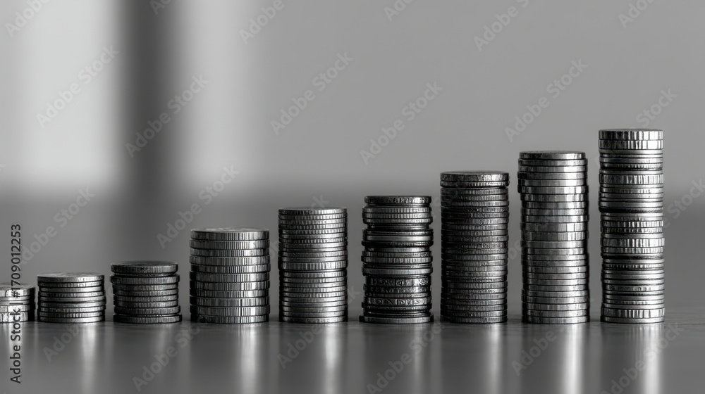Poster stacks of coins arranged in ascending order create visual representation of growth and wealth accumu