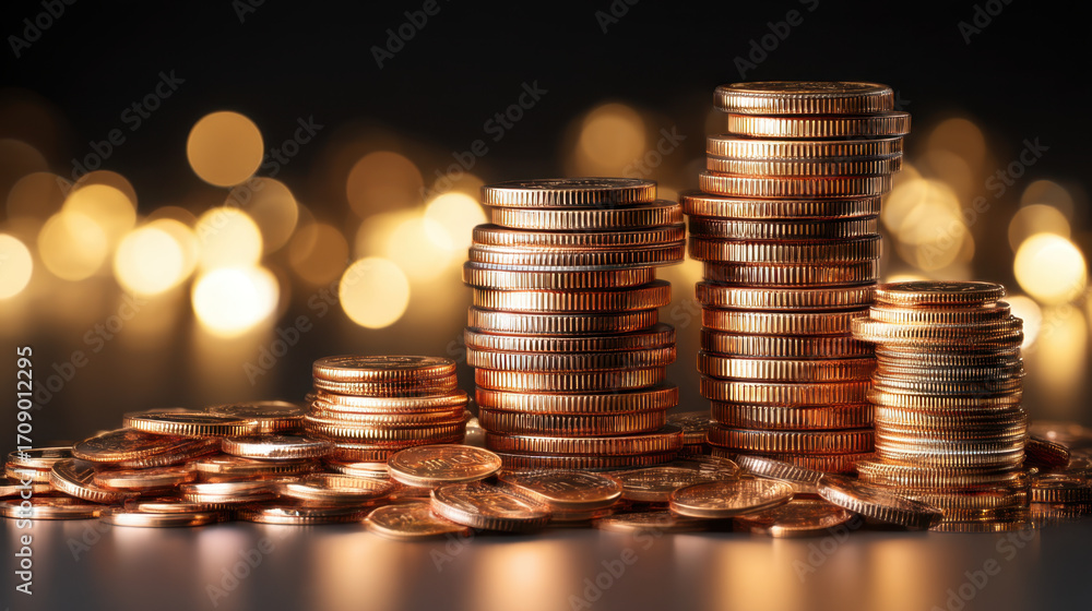 Poster stacks of shiny coins are arranged in visually appealing manner, creating sense of wealth and prospe