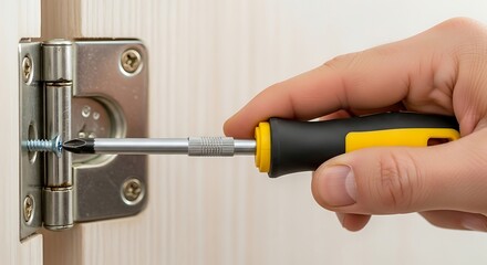 Hand Using Screwdriver to Install Door Hinge on Wooden Door