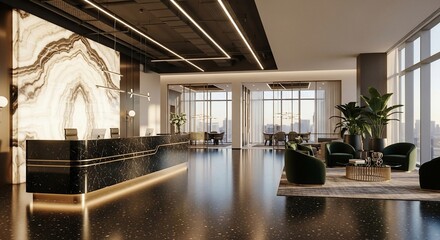 Modern lobby Interior design with marble wall and dark floors upscale architecture luxurious waiting area