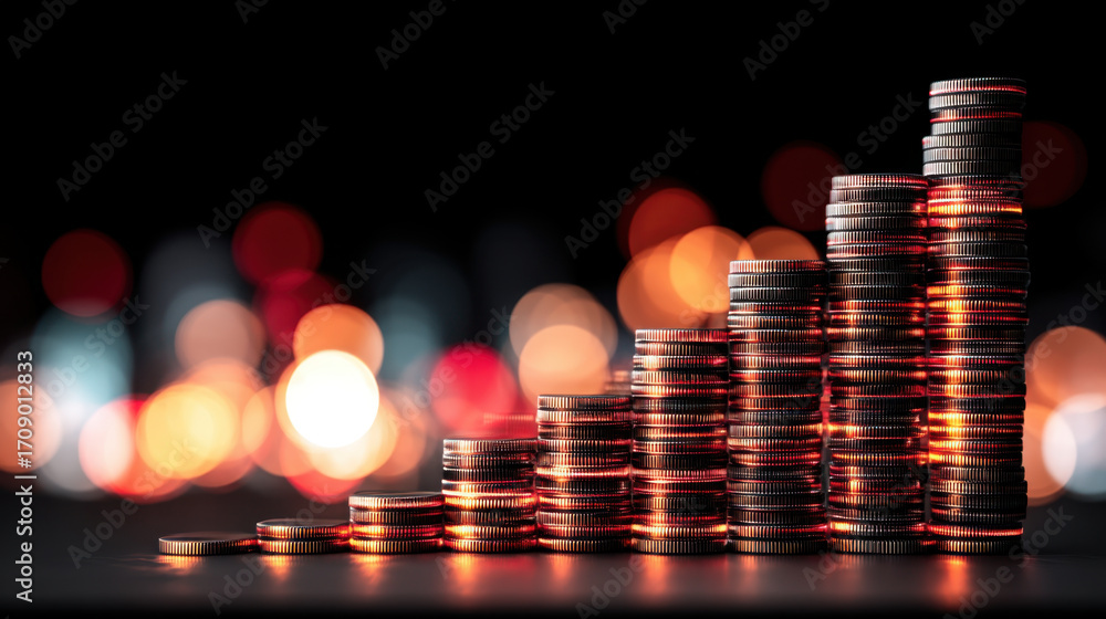 Poster stacked coins create visually striking representation of financial growth and investment. blurred ba