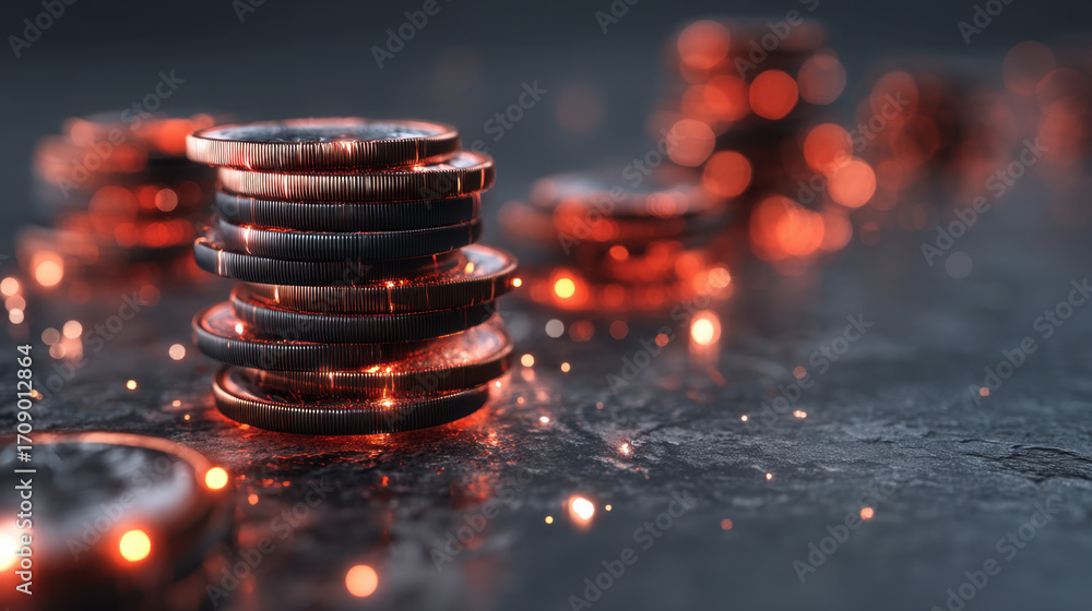 Poster stacked coins glimmer with warm glow, creating captivating scene that evokes feelings of wealth and 