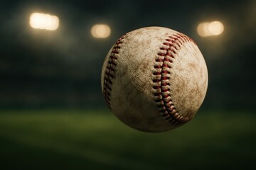 Weathered white baseball spinning in flight with stadium lights bokeh dramatic evening game atmosphere crisp stitching and motion detail sports concept
