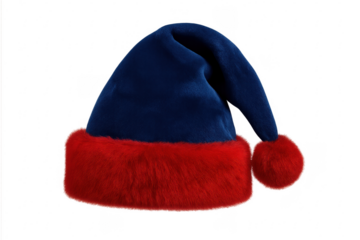 Blue santa claus hat with red fur on transparent background