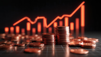 Stacked coins in foreground symbolize financial growth, while rising graph in background represents increasing profits. This captures essence of investment and economic success