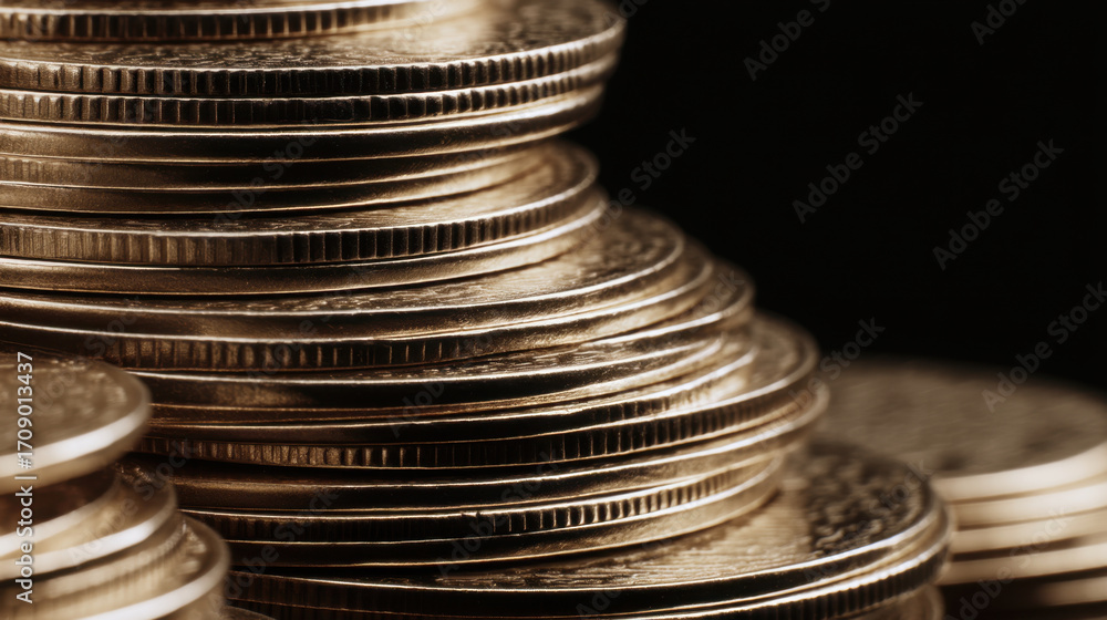 Poster stacked coins create visually appealing arrangement, showcasing their shiny surfaces and intricate d