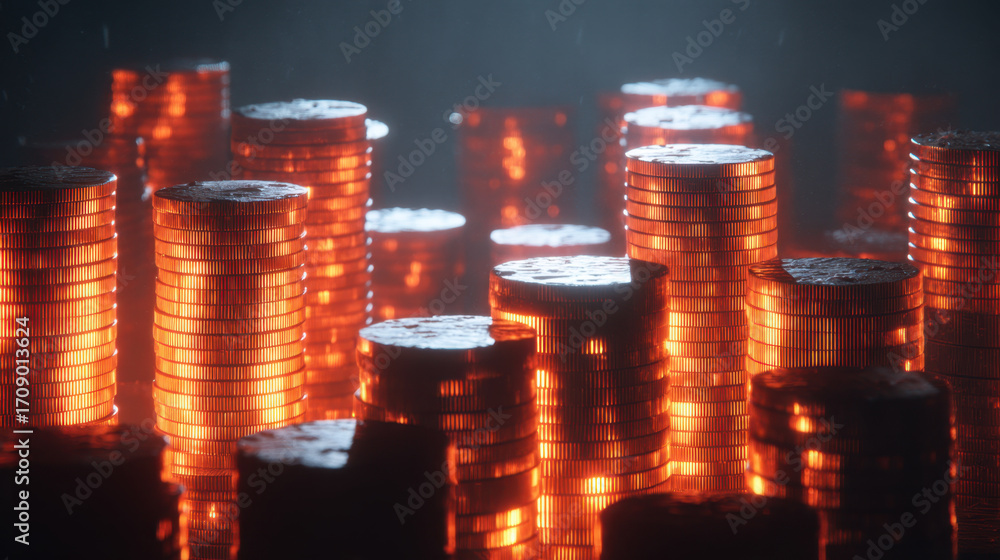 Poster stacks of glowing coins create mesmerizing scene, illuminated by soft light that highlights their sh