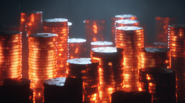 Stacks of glowing coins create mesmerizing scene, illuminated by soft light that highlights their shiny surfaces. warm glow evokes sense of wealth and prosperity