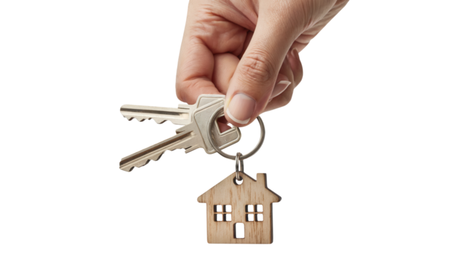 New homeowner receives house keys with wooden house keychain design