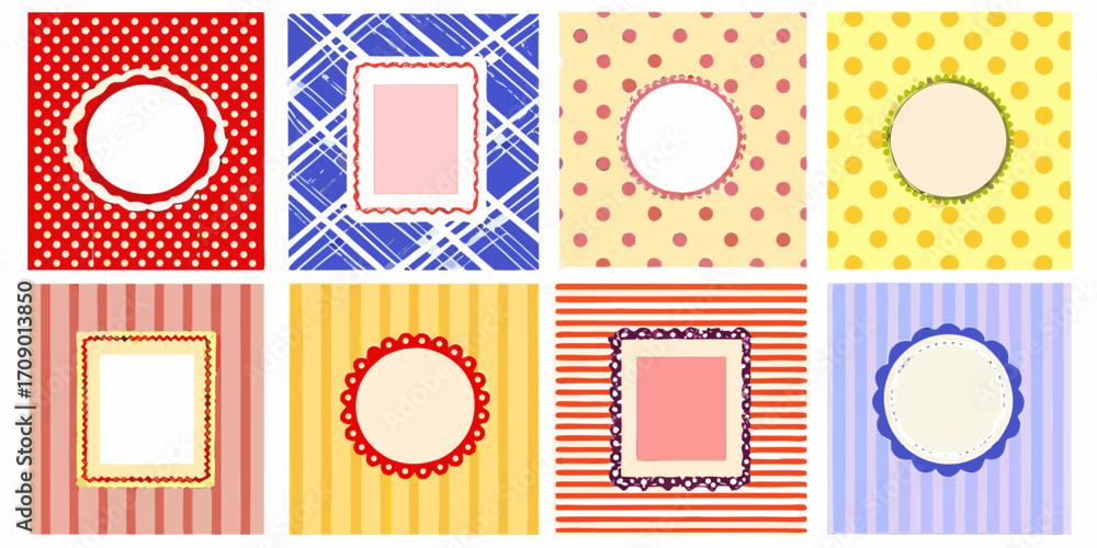 Poster collection of eight colorful decorative backgrounds with empty frames for text or photos