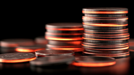 Stacks of coins illuminated with warm glow create striking visual against dark background, symbolizing wealth and prosperity. arrangement showcases various heights and angles, enhancing depth
