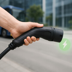 A hand is holding a black electric vehicle charging connector outdoors.