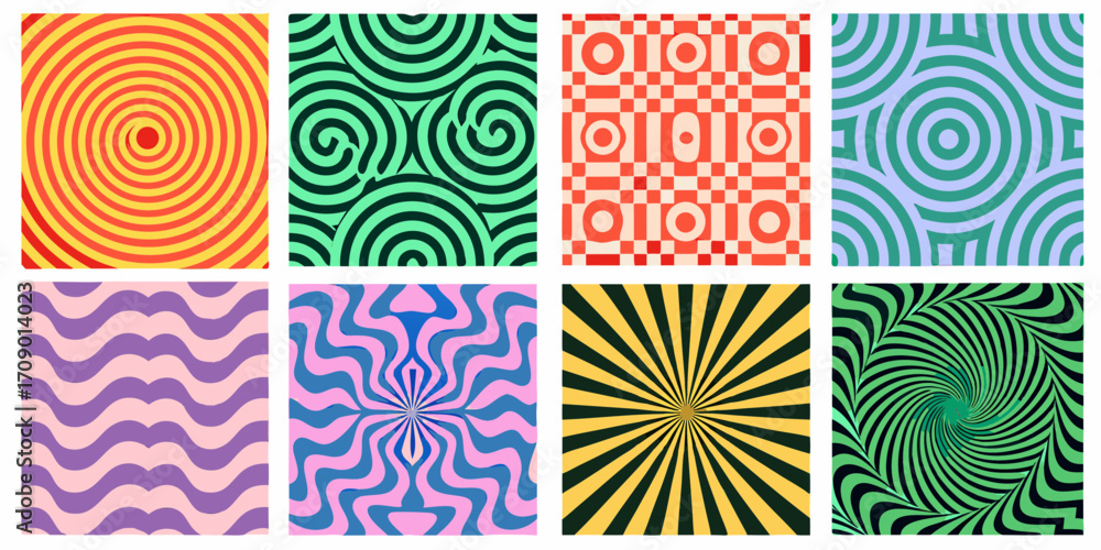 Aufkleber collection of eight vibrant abstract geometric patterns with retro psychedelic and optical illusion 