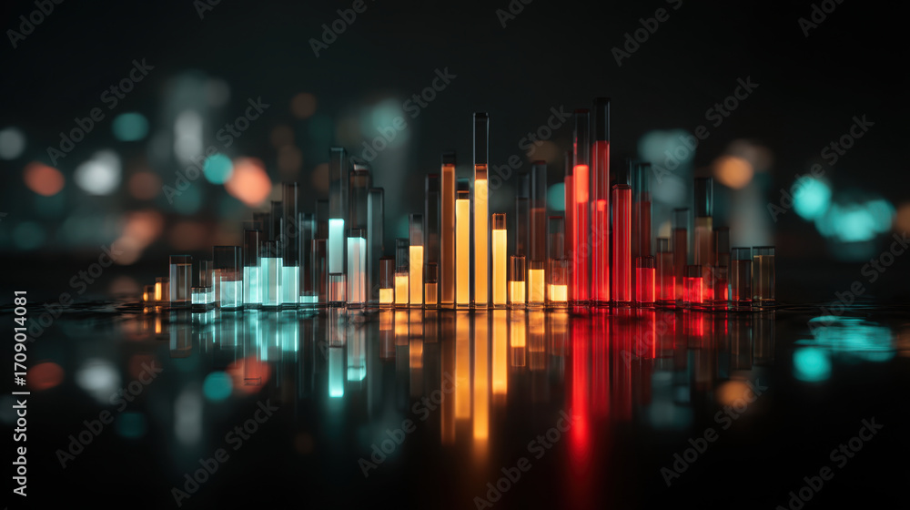 Poster digital sound wave visualization with vibrant colors reflecting on dark surface, showcasing bars in 