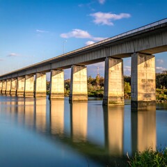 Bridge over a calm river at sunset