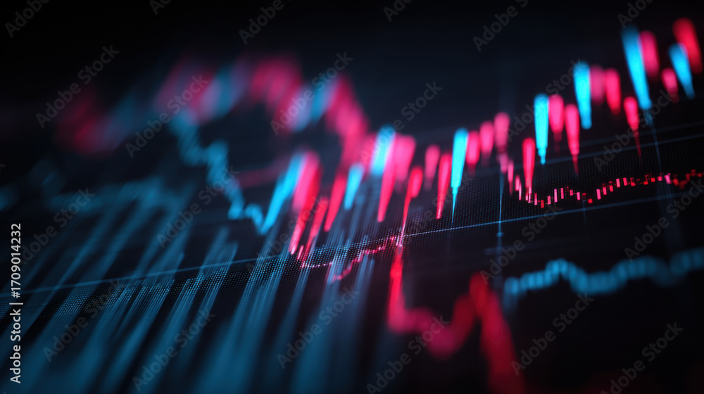 Poster digital financial chart displaying fluctuating stock market trends with vibrant blue and red lines r