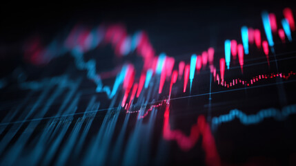 Digital financial chart displaying fluctuating stock market trends with vibrant blue and red lines representing data points. visual conveys sense of dynamic movement and analysis in trading