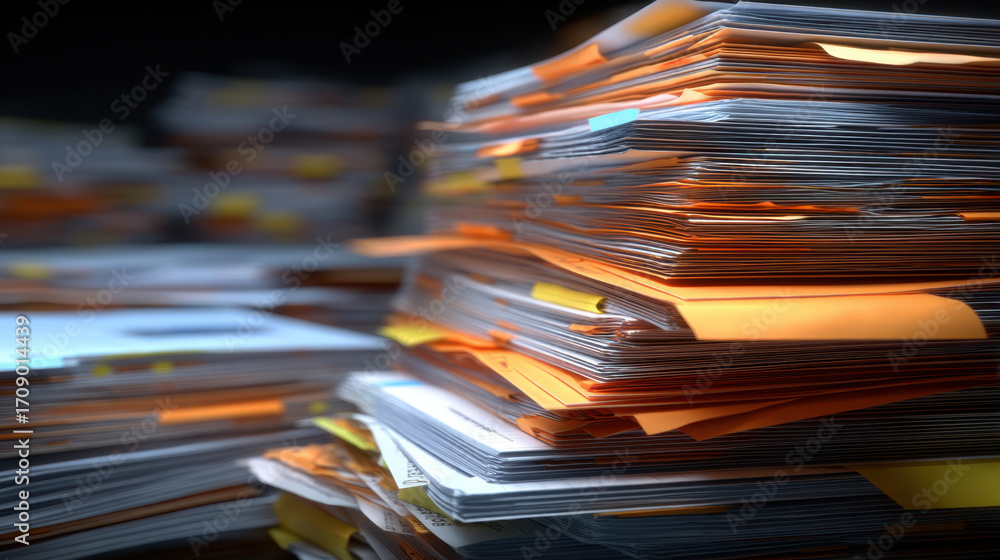 Poster stacks of disorganized paperwork with colorful sticky notes, creating chaotic yet vibrant office env