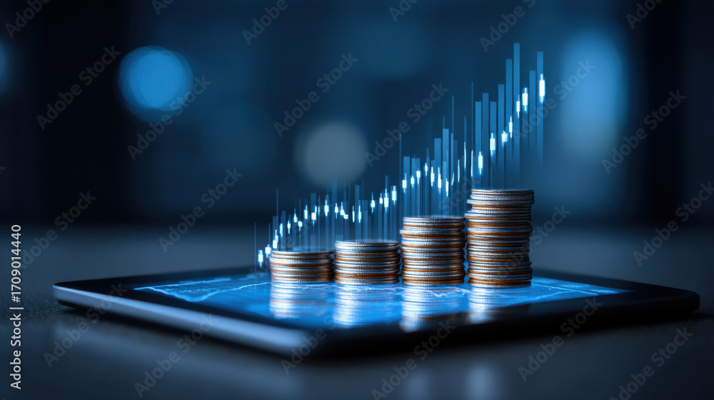 Poster digital financial growth represented by stacked coins and rising graph on tablet screen, symbolizing