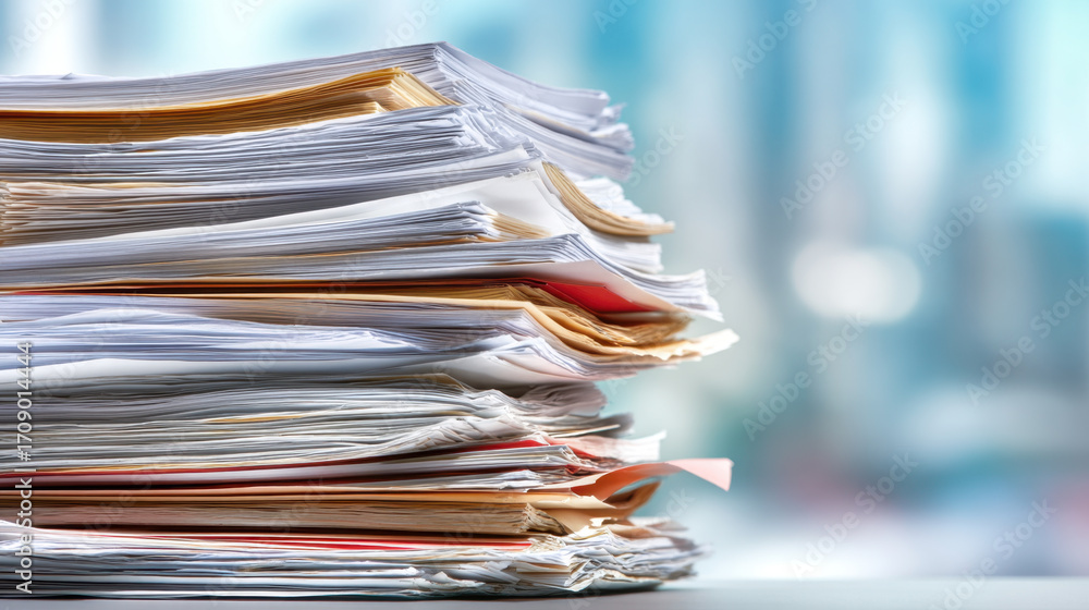Poster large stack of disorganized paperwork sits on desk, showcasing various documents and files. backgrou