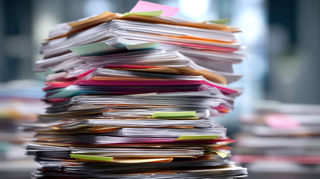 Large stack of disorganized papers and documents fills frame, showcasing various colors of sticky notes and sheets. chaotic arrangement evokes sense of overwhelming workload and clutter