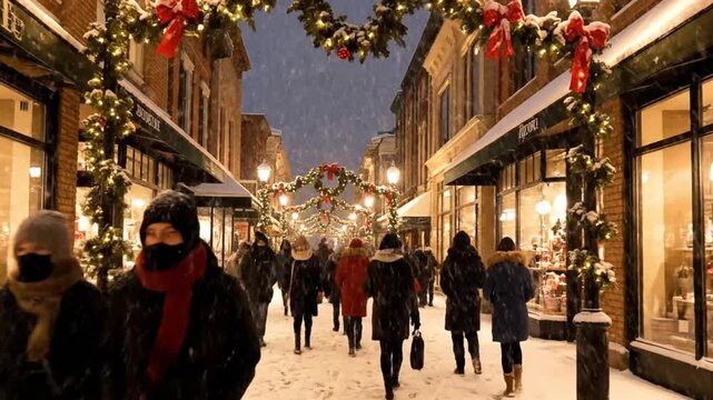 People walking on a snow covered street decorated for christmas with garlands and red bows above