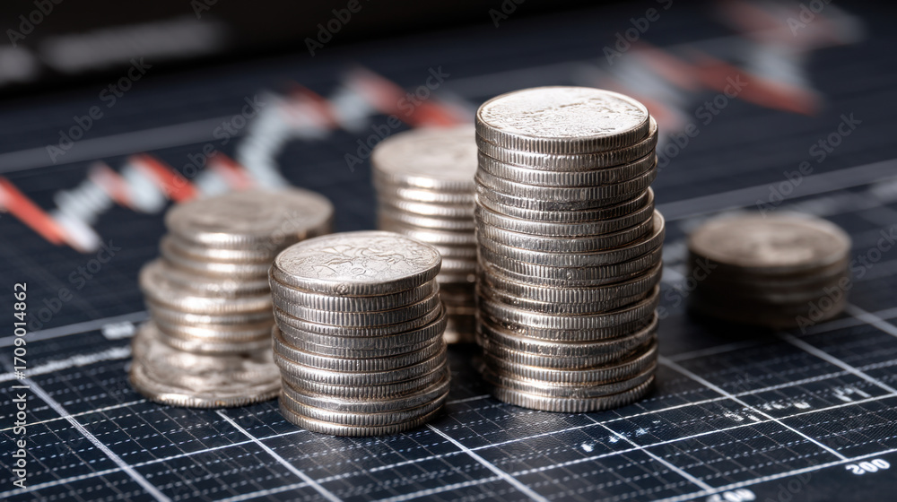 Poster stacks of coins arranged on financial chart background, symbolizing investment and wealth management