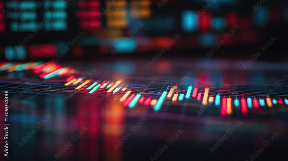 Poster vibrant financial chart displaying colorful candlestick patterns, representing market trends and dat