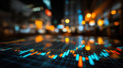 Vibrant cityscape at night showcases digital stock market graph reflecting on glass surface, illuminated by colorful bokeh lights. scene conveys sense of financial activity and urban energy