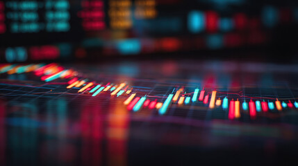 Vibrant financial chart displaying colorful candlestick patterns, representing market trends and data analysis digital environment. image conveys sense of dynamic movement and investment