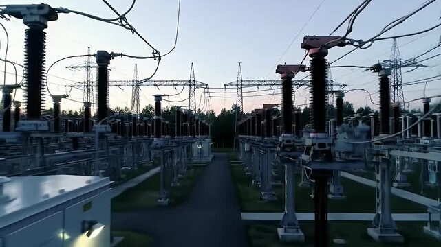 Electric Power Station at Dusk Under Faded Sky in the Distance