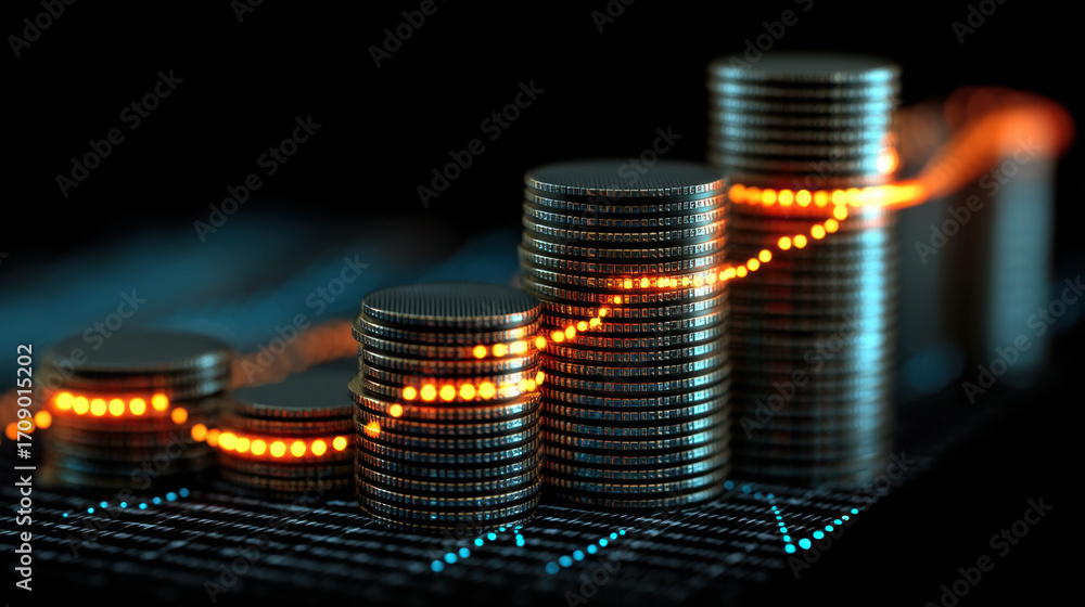 Poster image showcases visually striking representation of financial growth, featuring stacks of coins arra