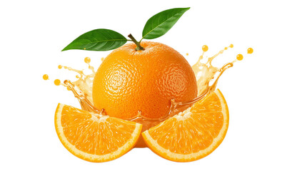 Fresh Orange Fruit with Splash and Slices for Juice or Healthy Eating on White Background