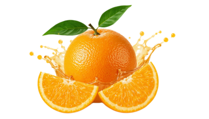 Fresh Orange Fruit with Splash and Slices for Juice or Healthy Eating on White Background
