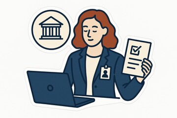 Fototapeta premium Professional woman confidently managing tasks on a laptop while holding an important document in a modern office setting symbolizing productivity and accountability in the digital workspace