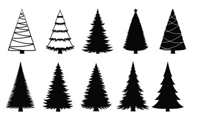 Obraz premium Collection of Ten Stylized Christmas Tree Silhouettes in Black and White Keywords: Christmas tree, silhouette, icon