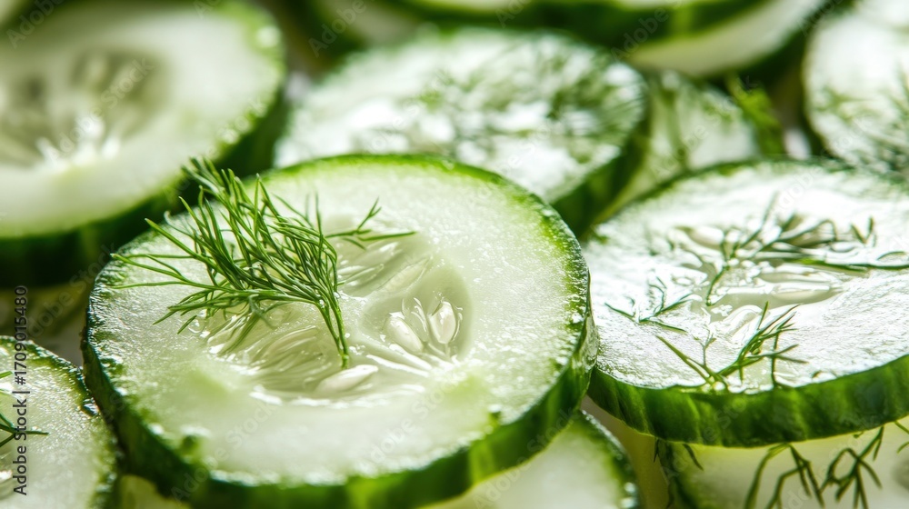 Poster close-up view of sliced cucumbers with dill.