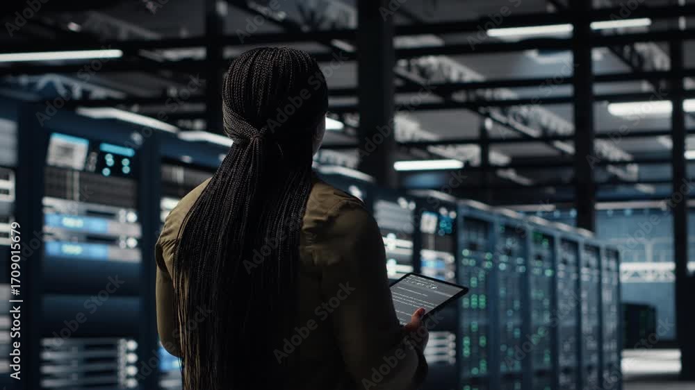 Poster data center system administrator monitors data center metrics on tablet to enhance operational effec