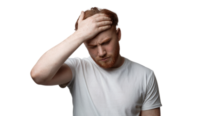 Stressed man holding head, feeling headache pain, migraine, or mental health