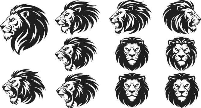 Set of fierce lion head vector illustrations, roaring lion mascot, black and white animal logo, wild feline graphic art