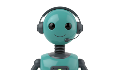A friendly, smiling chatbot character, digitally illustrated with a headset, symbolizing customer support and artificial intelligence communication