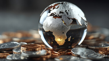 Glass globe depicting Africa surrounded by various coins symbolizes global finance and economic growth. intricate details of globe reflect light, creating captivating visual