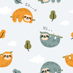 Sloth Kids Pattern Cute Cartoon Animal Seamless Design 