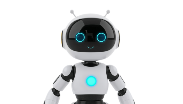 A stylized 3D rendered lucid image of a cute white android assistant with bright blue lights, representing future technology and artificial intelligence