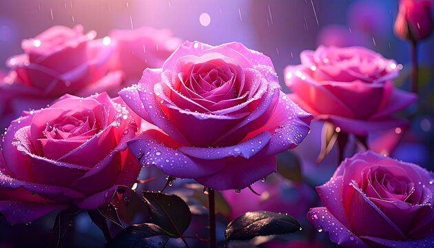 Close-up of vibrant pink roses in a garden at twilight