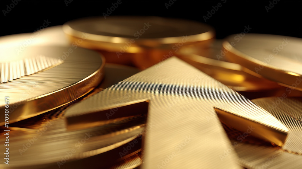 Poster golden coins stacked with upward arrow symbolizing growth and prosperity. shiny surface reflects lig