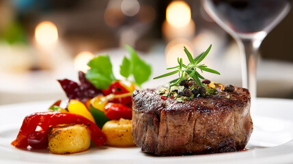 Elegant steak dish with roasted vegetables and potato medallions, garnished with rosemary and peppercorns. Perfect for fine dining ads, food blogs, restaurant menus, and culinary branding.