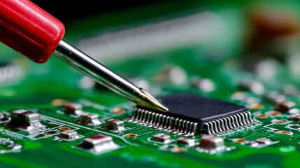 Close-Up of Circuit Board with Soldering Tool and Microchip Detail